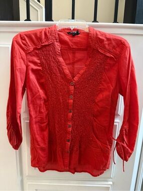 NIC+ZOE Orange Smocked Button-Front V-Neck Blouse